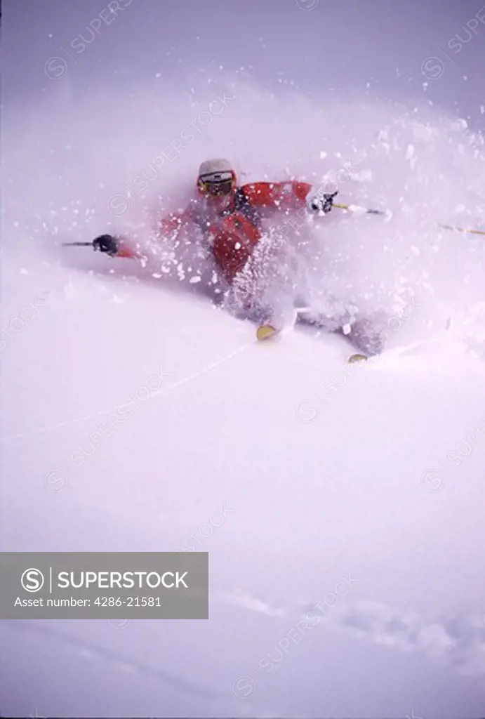 A man skiing powder snow at Brighton, UT.