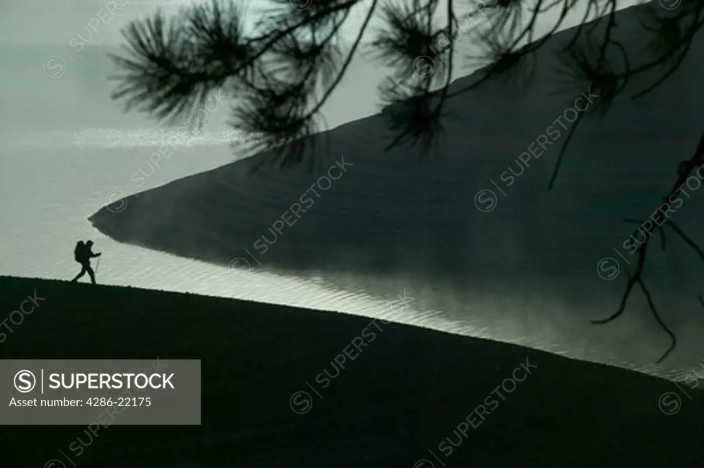 A man hiking on a foggy morning.