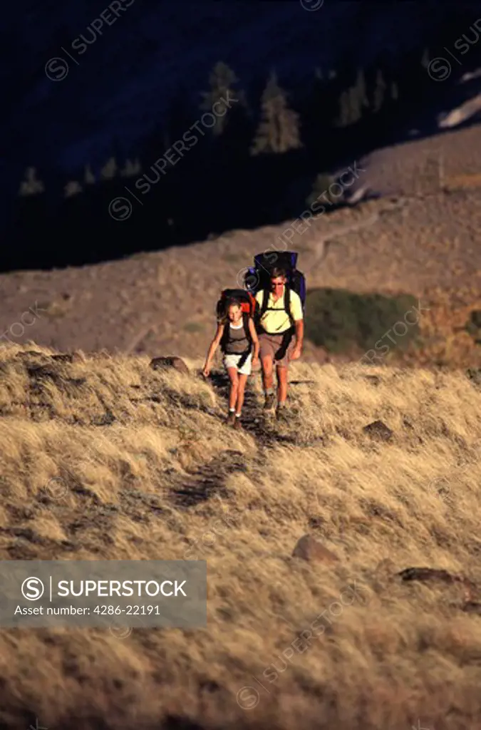 A father and daughter hiking on the Pacific Crest trail near Truckee, CA.
