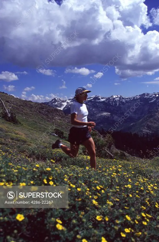 A woman running in the back country near Mount Anderson, CA.