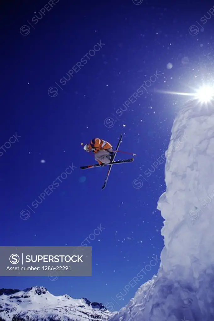 A man jumping while skiing at Carson Pass, CA.