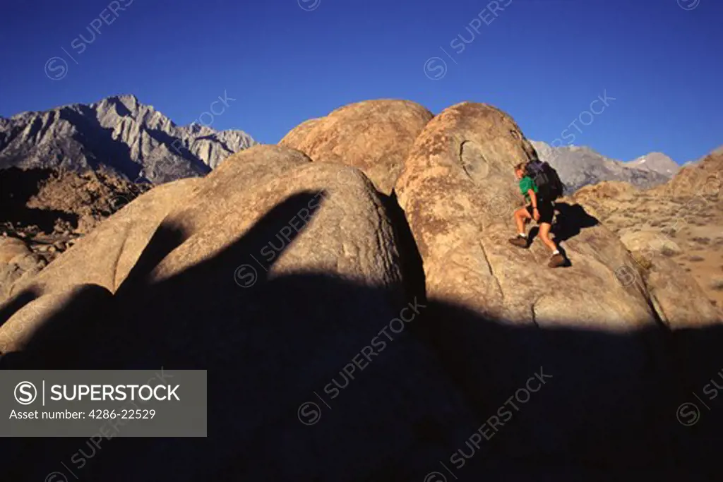 A woman climbing a boulder near Mount Whitney in the Alabama Hills in California,