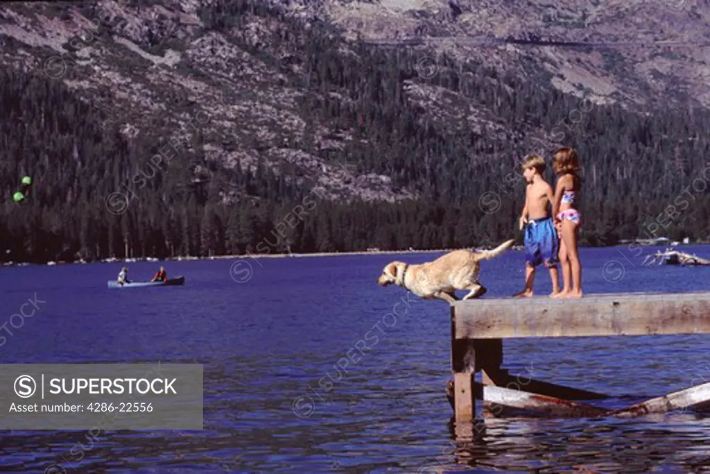 Two kids and a jumping dog on Donner Lake, California.