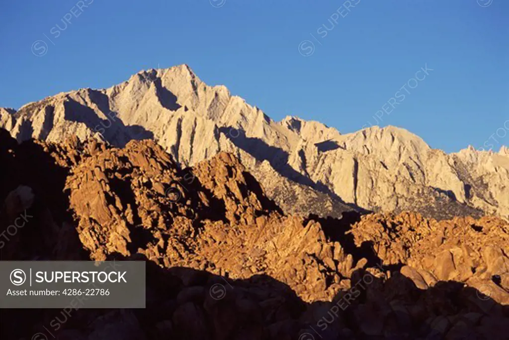 Lone Pine peak at sunrise in the Sierra mountains in California at sunset.