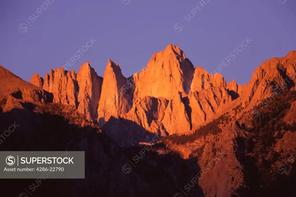 Mount Whitney at sunrise in the Sierra mountains in California at sunset.