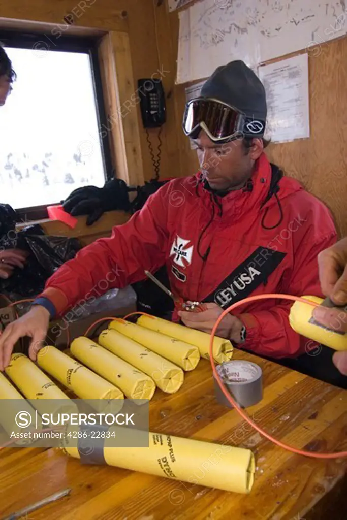 Ski patrollers preparing explosives for avalanche control at Squaw Valley in California