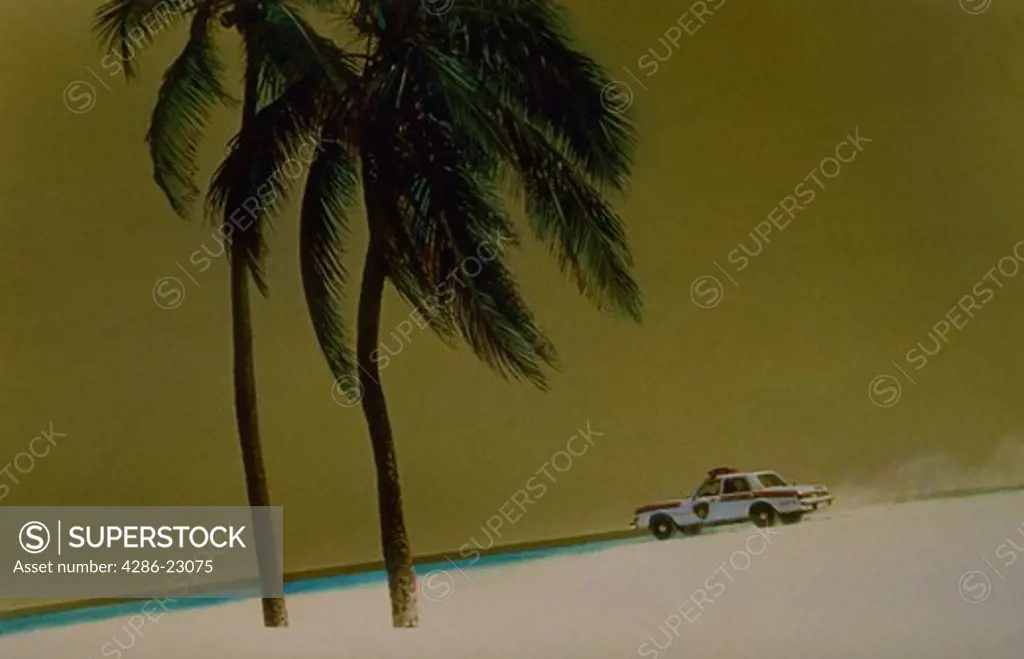 Hand colored and manipulated landscape of police car racing down the beach with palm trees. Miami Beach.