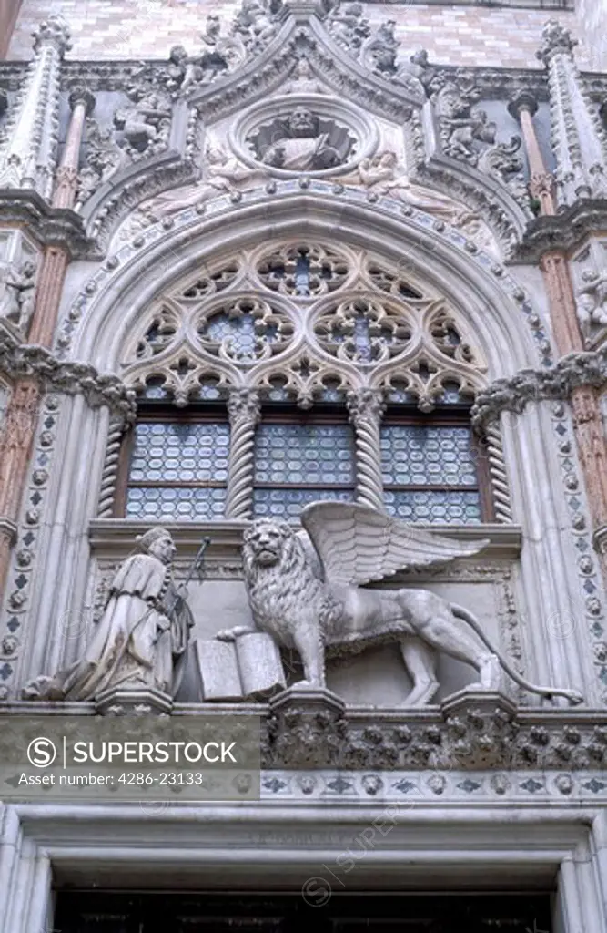 Italy, Venice, The Doge's Palace. detail of facade over the portal gate, Porta della Carta