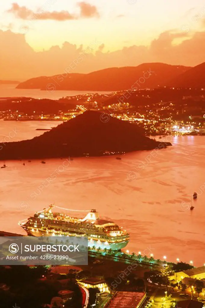 US Virgin Islands Charlotte Amalie cruise ship in port at dusk