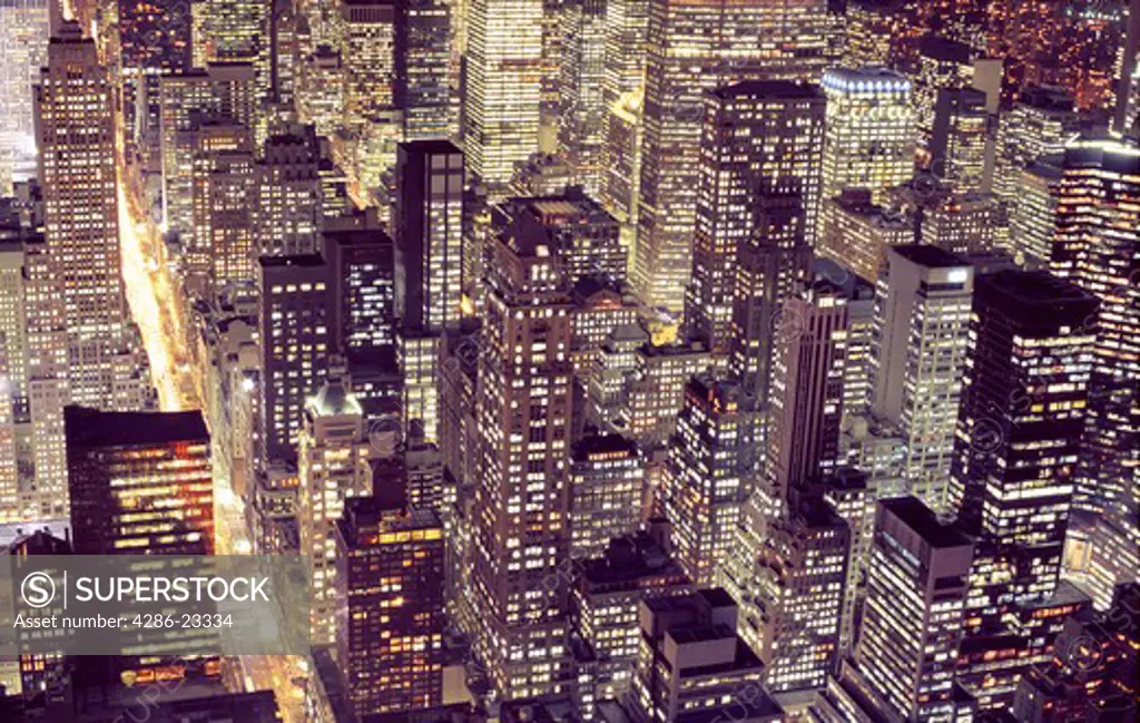 USA New York New York City aerial view of Manhattan at night