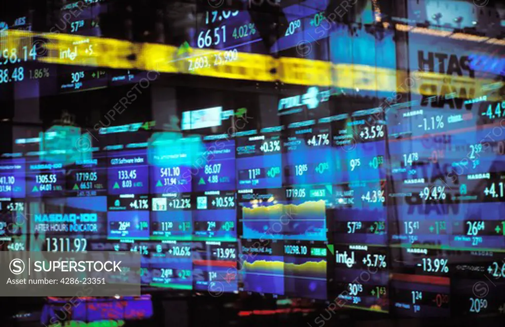 USA New York New York City Nasdaq monitors with stock quotations
