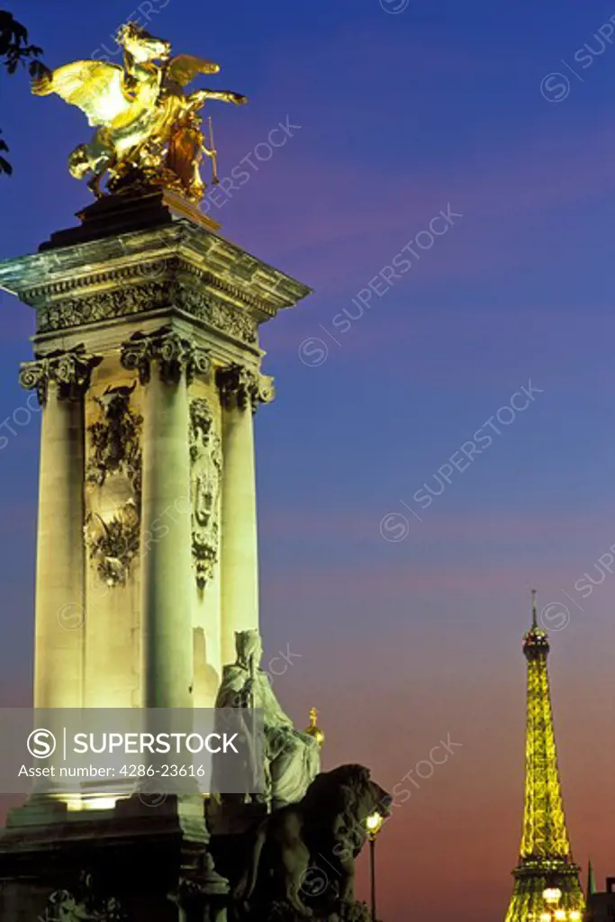 France Paris Pont Alexandre III and the Eiffel Tower illuminated at night