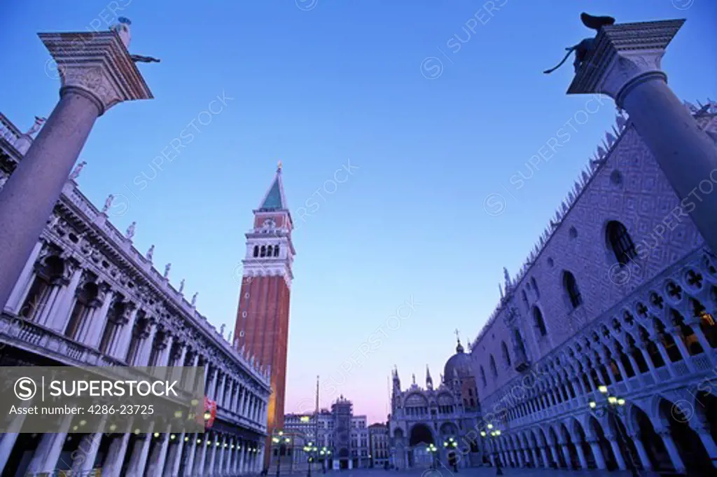Italy Venice Piazzetta San Marco and the Campanile with the columns of San Marco an San Teodoro
