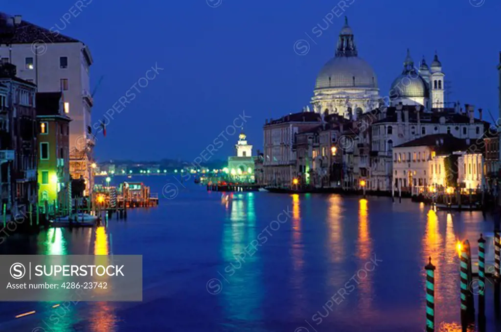 Italy Venice The Grand Canal with Santa Maria della Salute illuminated at night