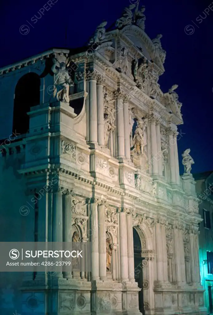 Italy Venice Santa Maria Zobenigo church facade illuminated at night