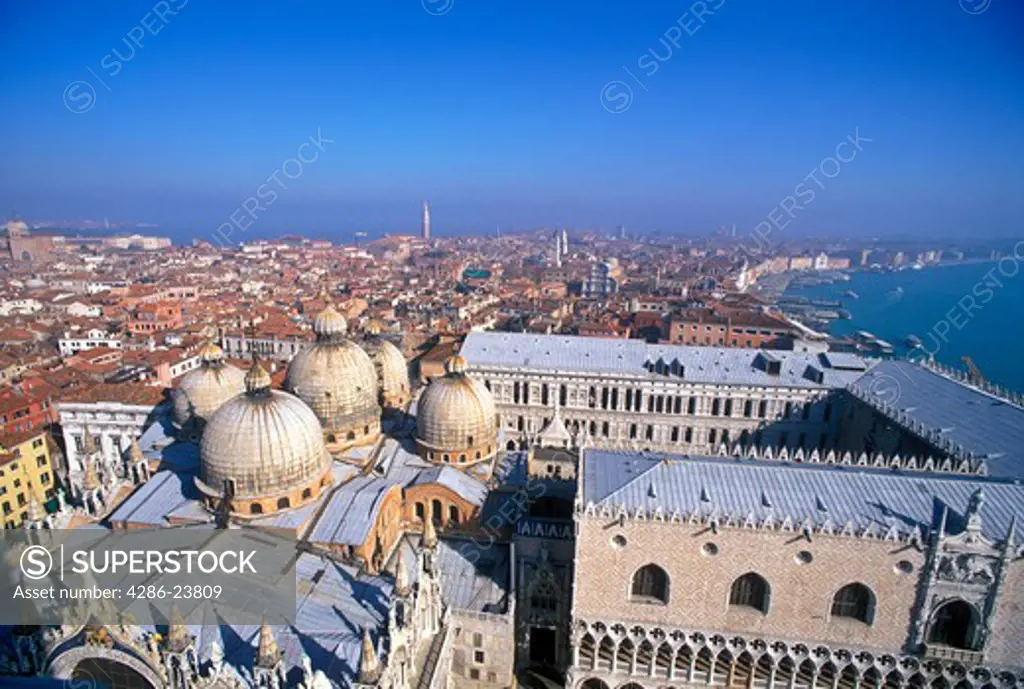Italy Venice aerial view of Venice with Basilica San Marco and the Doge s Palace looking east