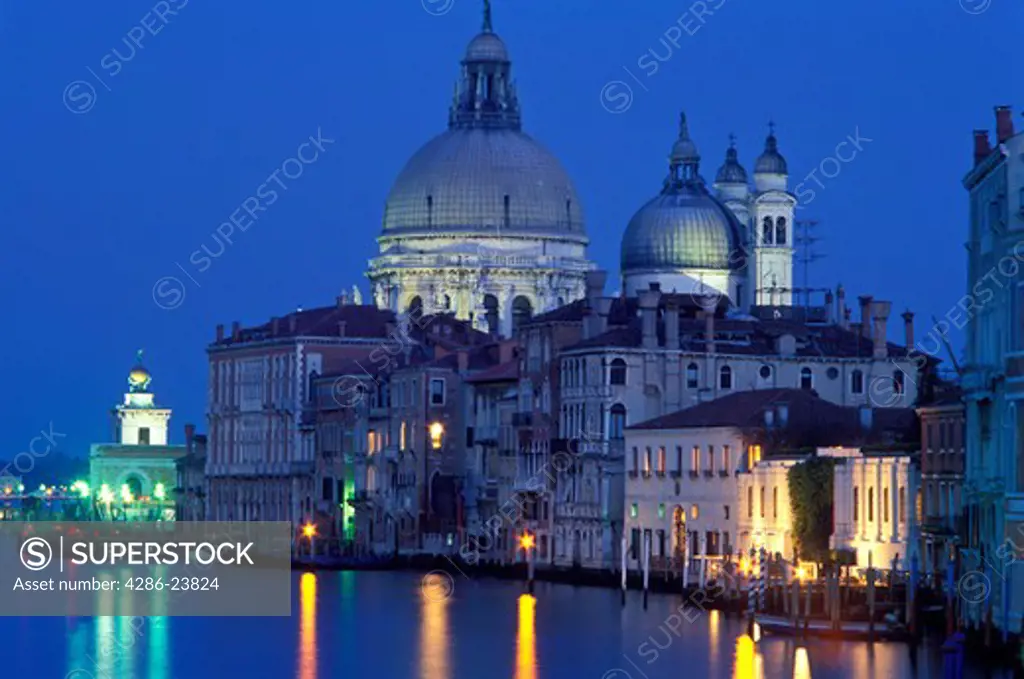 Italy Venice The Grand Canal with Santa Maria della Salute illuminated at night