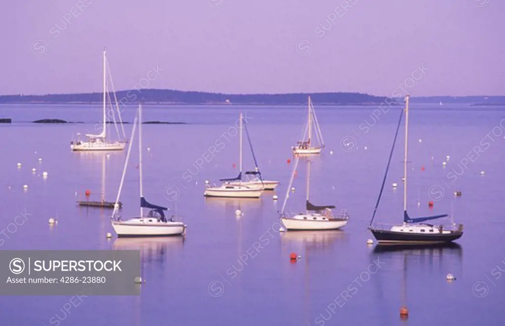 USA, Maine, Camden, Camden Harbour, Penobscot Bay, sailboats moored in the bay at twilight