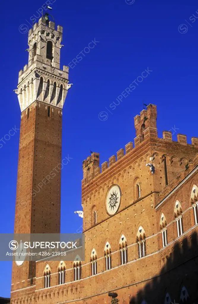 Italy.Tuscany, Siena, Piazza del Campo, Palazzo Pubblico, Torre del Mangia