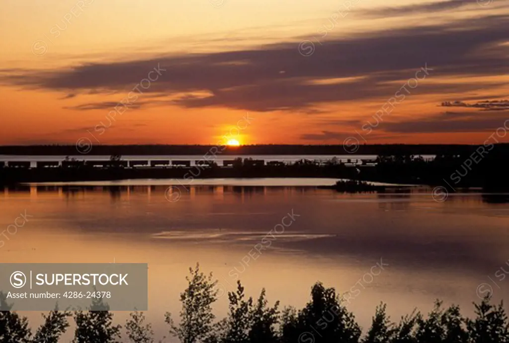 USA, Alaska, Anchorage, Alaska Railroad, Westchester Lagoon at sunset