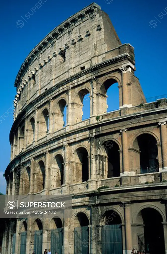 Detail of the exterior of the Coliseum, Rome, Italy.