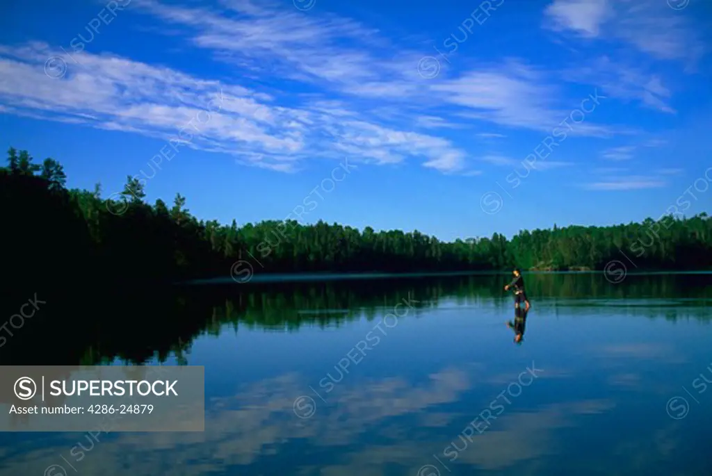 A man standing in Swamp Lake, Minnesota fly fishing at sunrise with a blue sky reflected on the water, Boudary Waters Canoe Area.