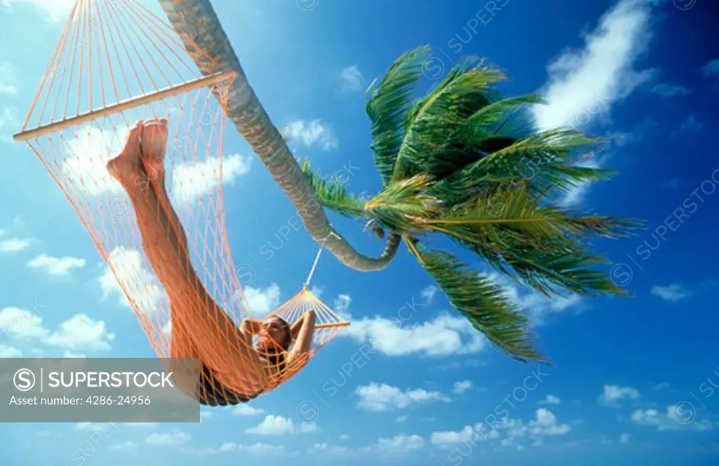 Woman lying in hammock under palm tree, Maldive Islands.