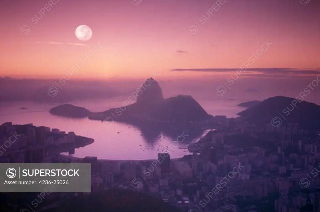 Rio de Janeiro Brazil Moon over Sugar Loaf and Botafogo Bay at dawn