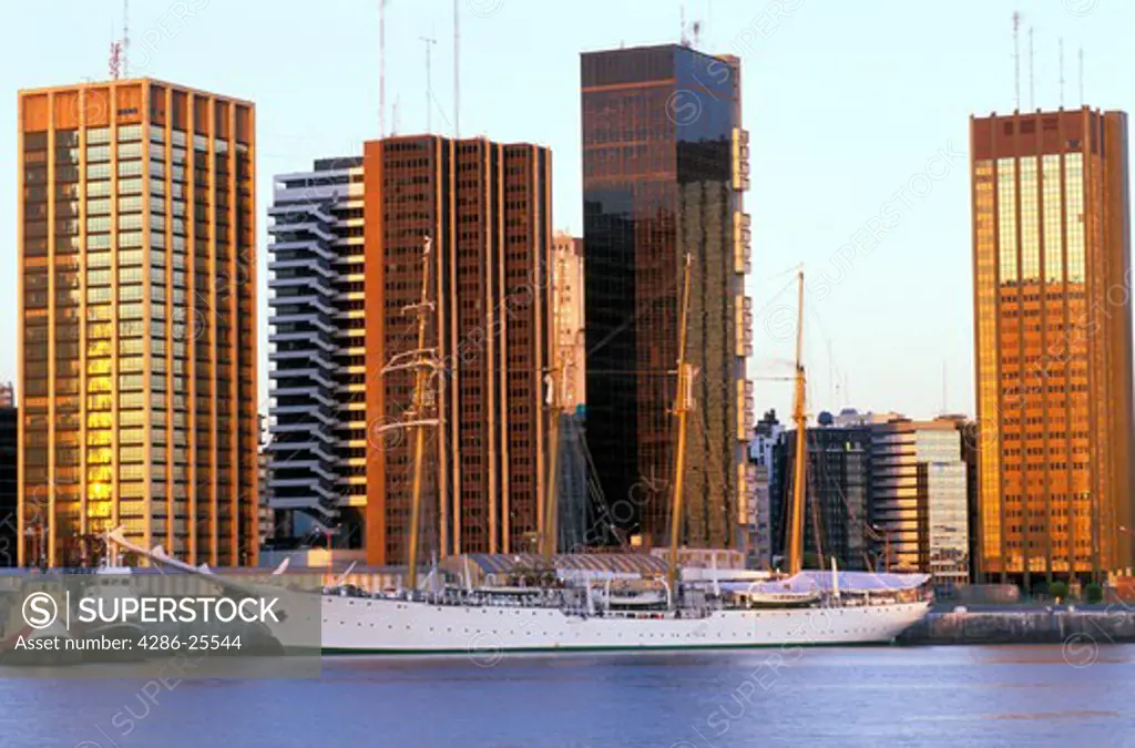 Puerto Madero Norte with ships and Buenos Aires skyline