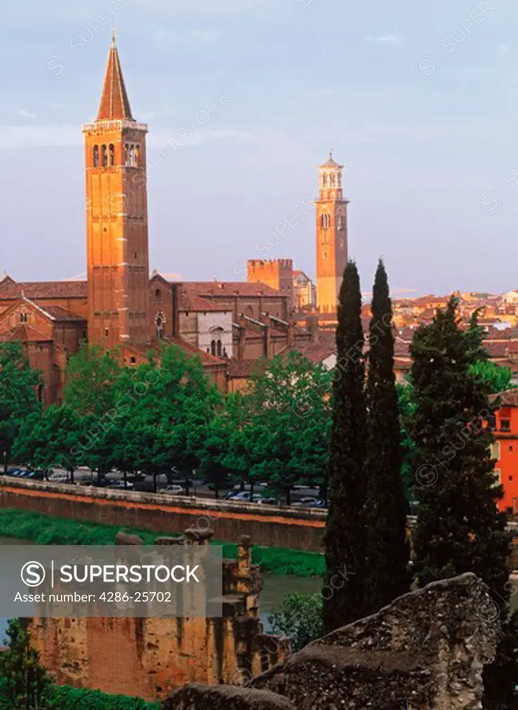Church of Santa Anastasia and Bell Tower from San Pietro Castle at sunrise in Verona