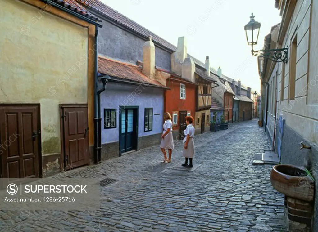 Two Czech women on Golden Lane or Zlata Ulicka in Prague 