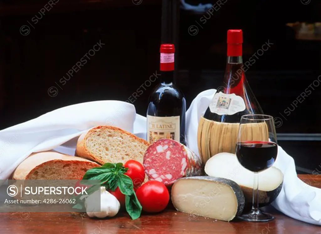Bread and cheese and wine in Tuscany region of Italy