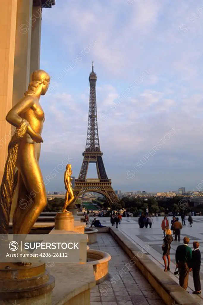 Eiffel Tower and Golden Figurines from Palais de Chaillot terrace