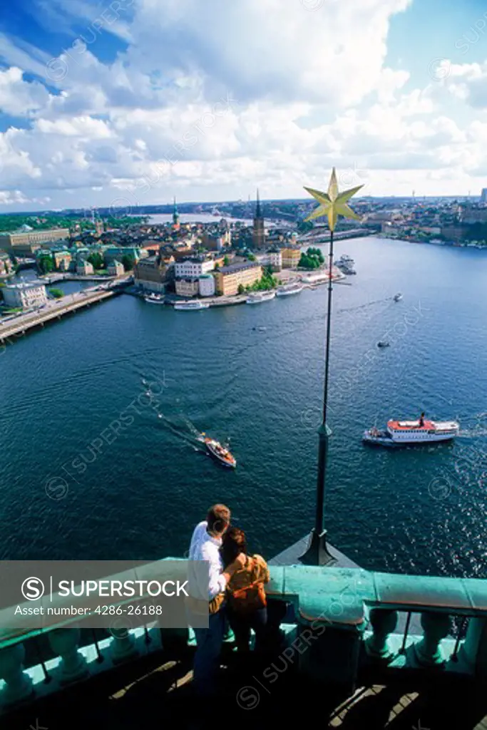 Couple viewing Stockholm from the Town Hall tower
