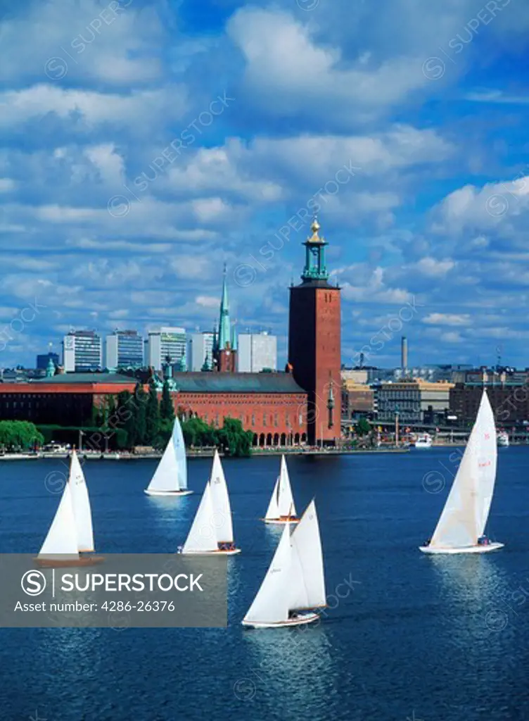  Sailboat Day on Riddarfjarden in Stockholm with Town Hall behind