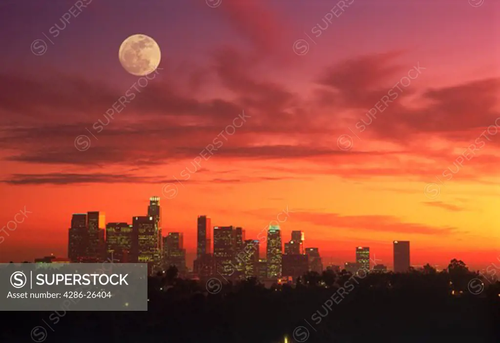 Moon over Downtown Los Angeles at sunset