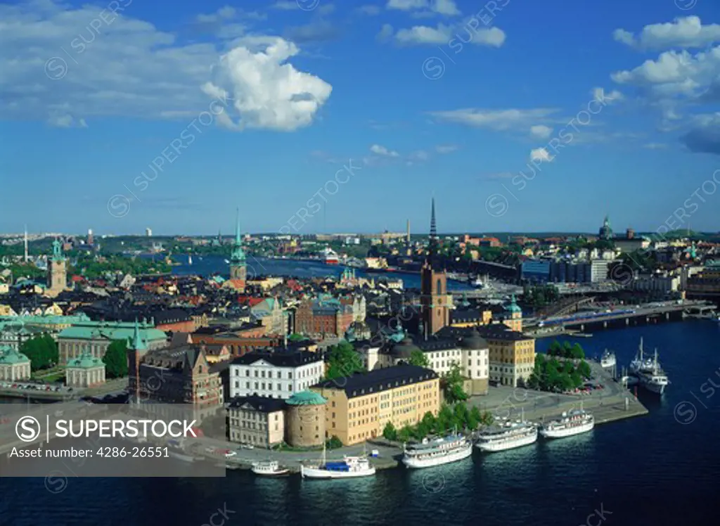 Overview of Riddarholmen and Old Town from City Hall in Stockholm