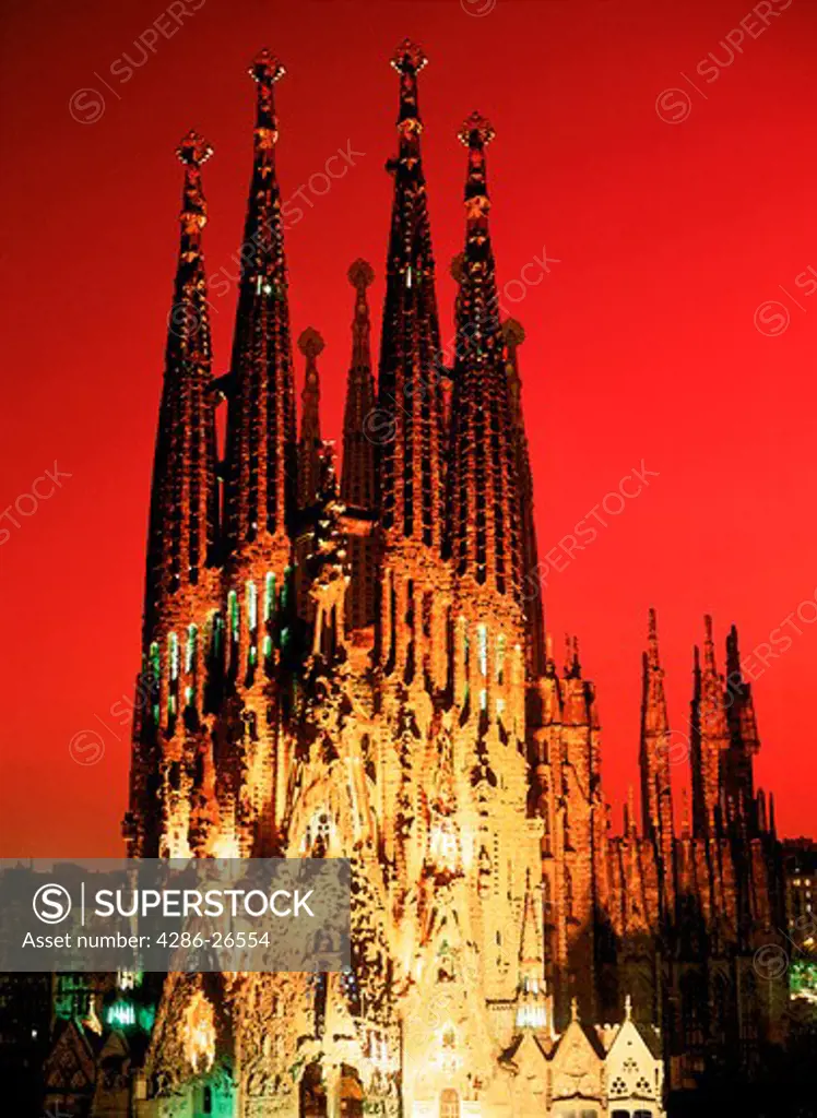 Sagrada Familia Church of the Holy Family at night in Barcelona Spain