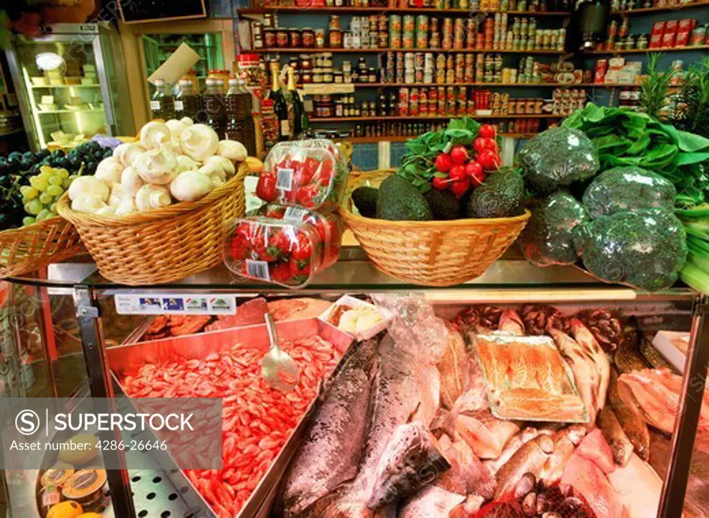 Variety of sea food and vegetables in small Stockholm market