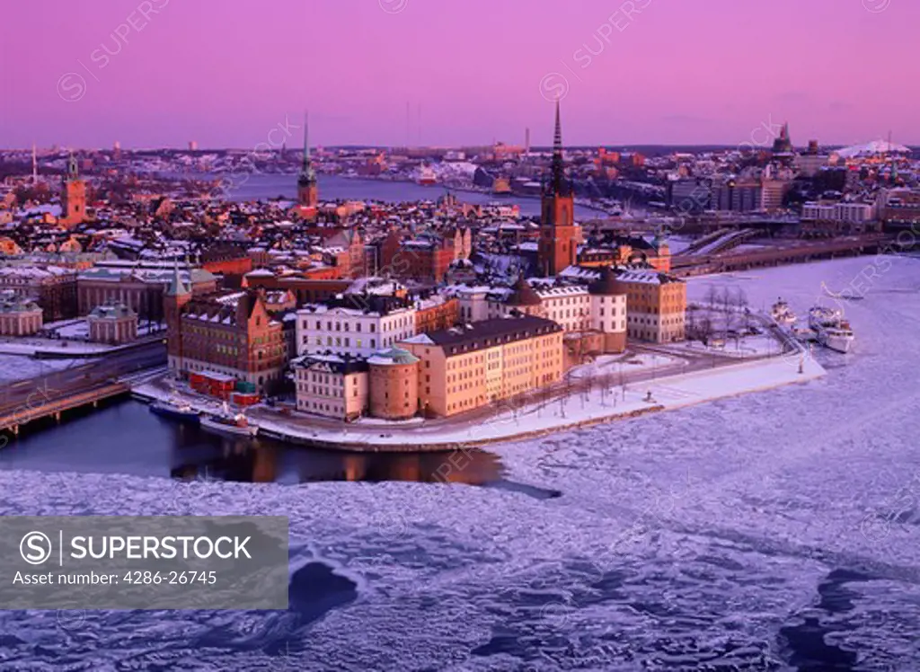 Riddarholmen and Old Town in Stockholm under crimson winter skies