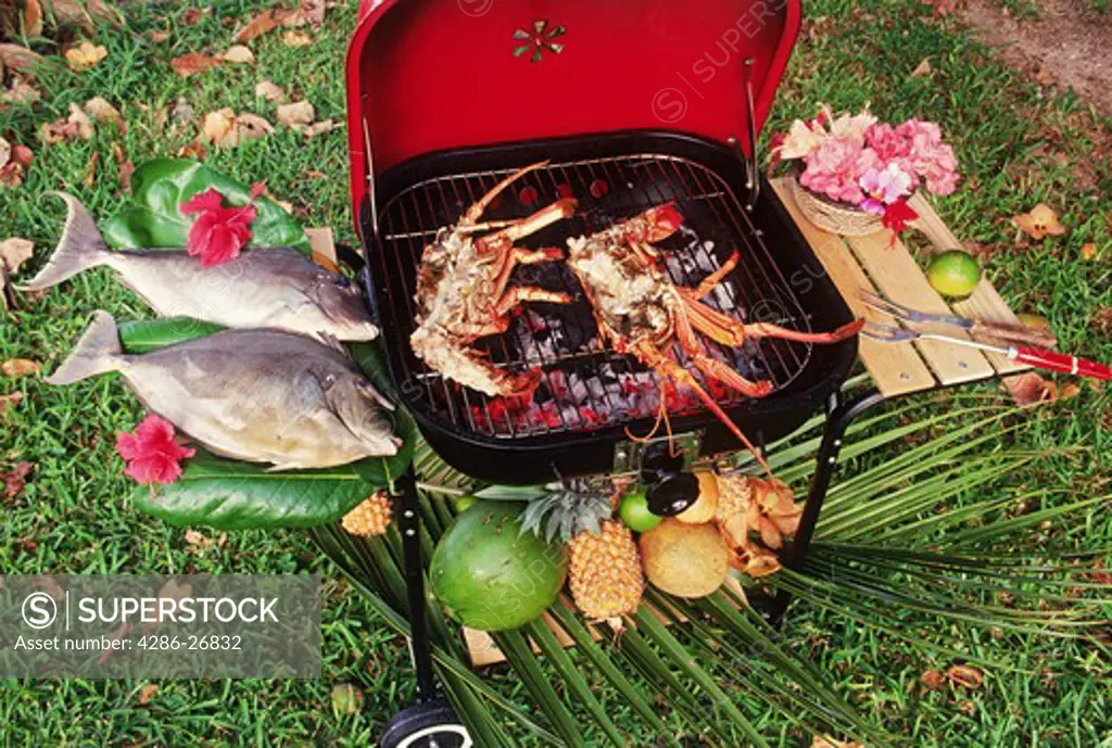 Barbequeing fresh fish and lobsters on backyard grill
