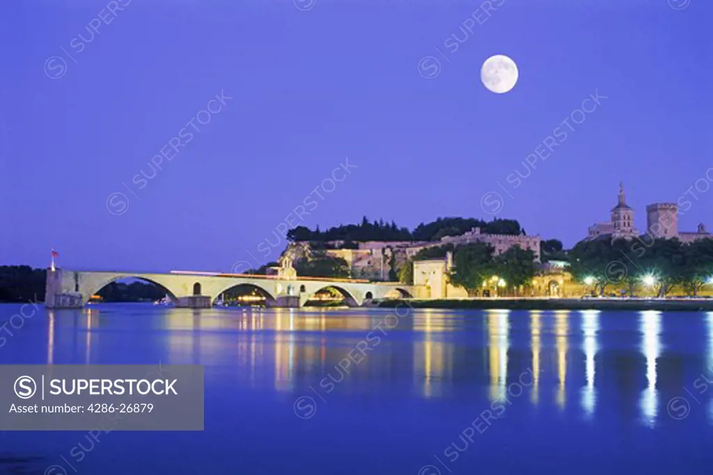 Moon over Saint Bnzet Bridge and Rhone River at Avignon France 
