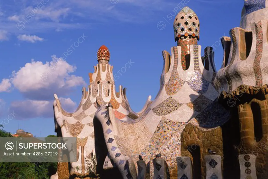 Mosaic towers by Gaudi at Park Guell in Barcelona