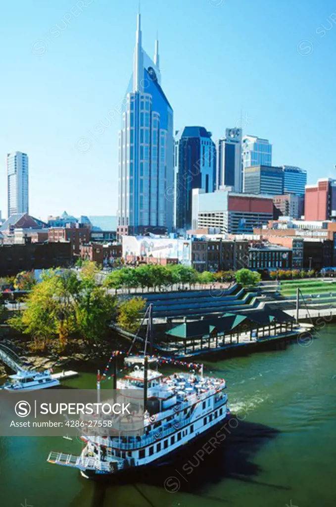 Nashville skyline with paddlewheeler on Cumberland River  Tennessee. USA