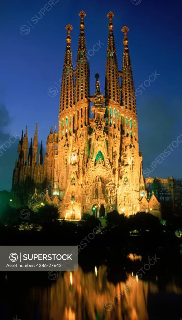 La Sagrada Familia by Antonio Gaudi at night in Barcelona, Spain