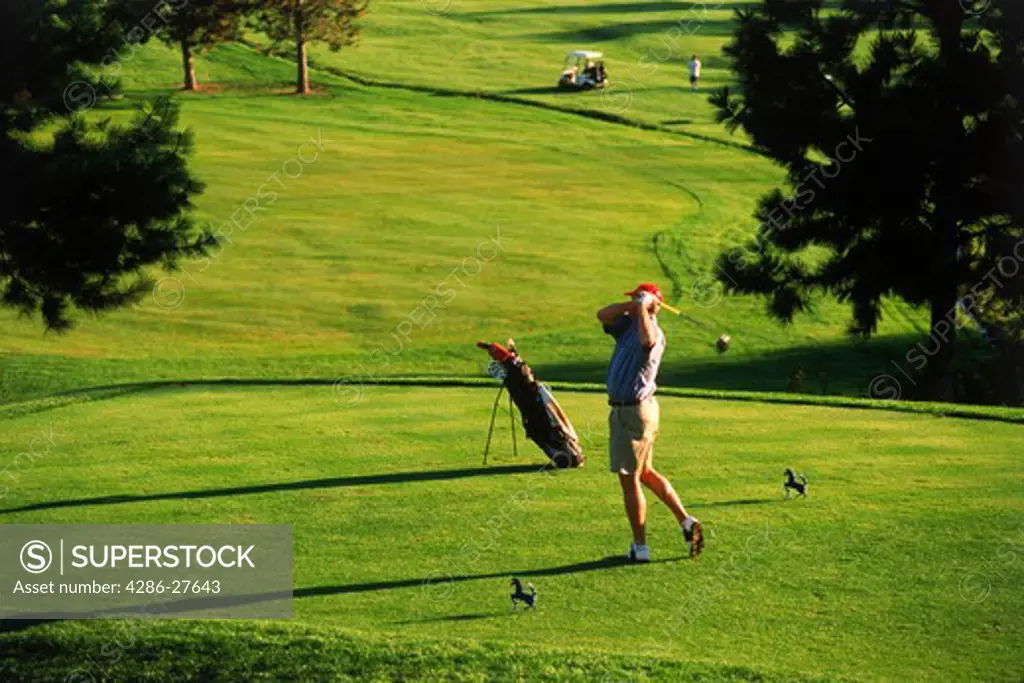 Male golfer teeing off in low light at Sunset Ranch Golf Club in Kelowna, British Columbia Canada