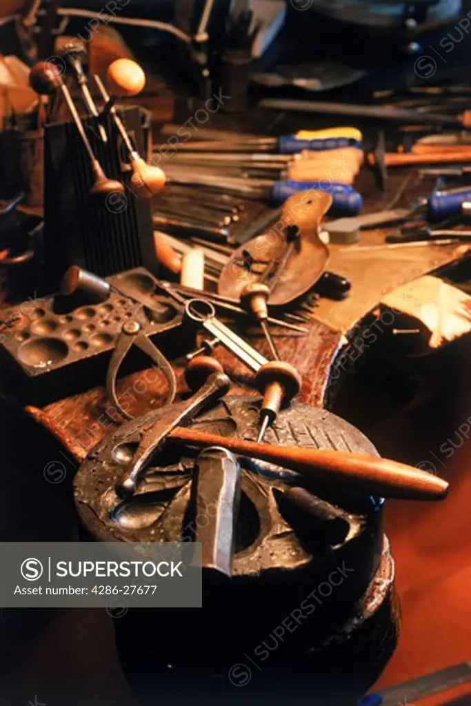 Working tools and bench in goldsmith shop
