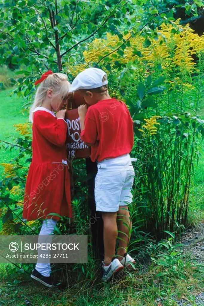 Boy and girl looking into resident mailbox on country lane in Sweden