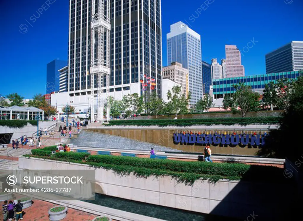 Shops, murals, plazas and fountains in area of Atlanta called Underground