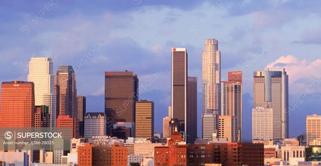 Downtown Los Angeles skyline near sunset